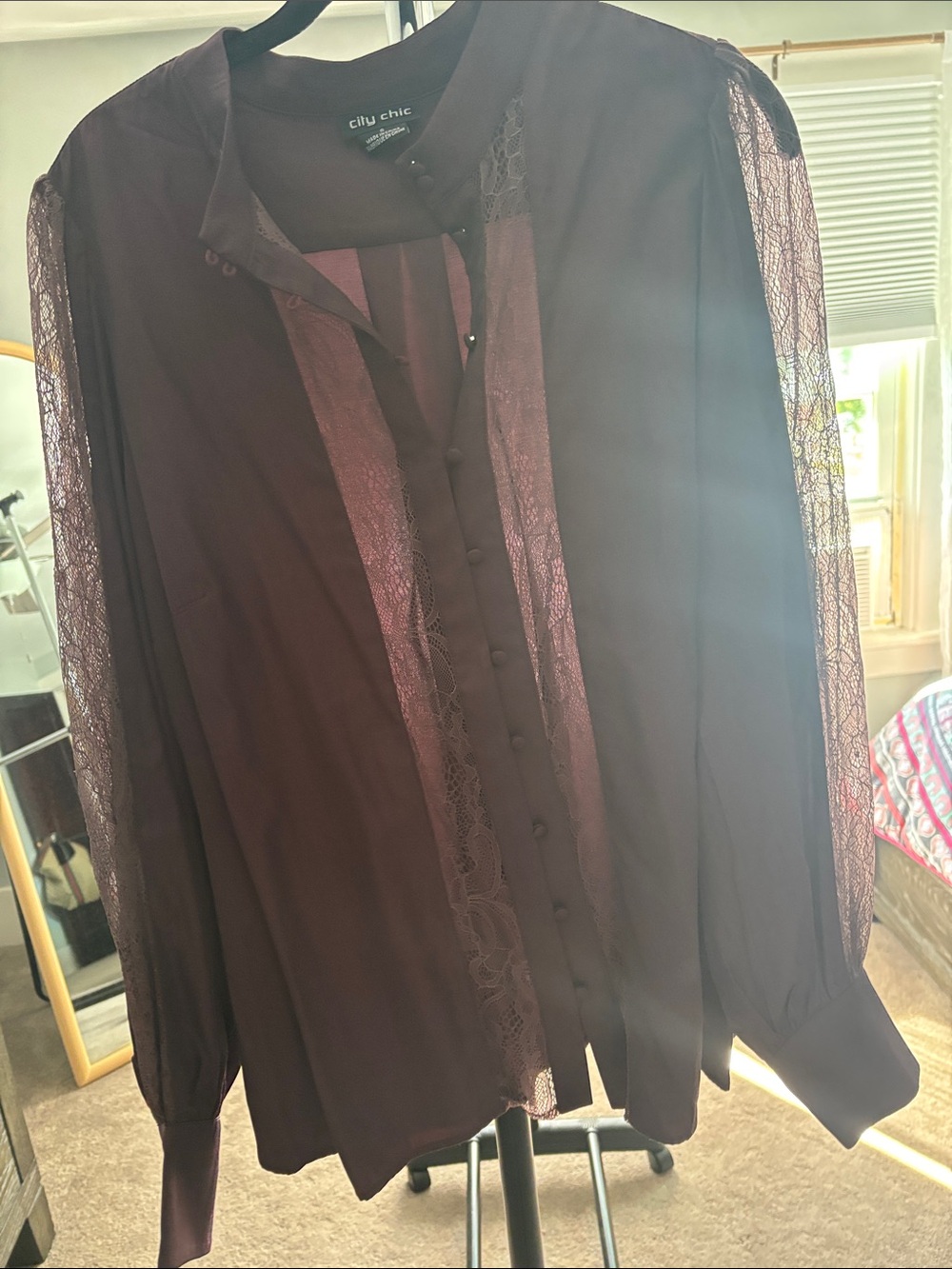 City Chic Plum Lace Panel Button-Front Shirt